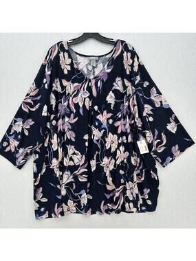 Catherines Top Womens 5X 34/36W Navy Blue Floral Pink Stretchy Blouse Shirt NEW